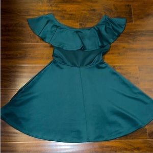 Off the shoulder emerald green skater dress